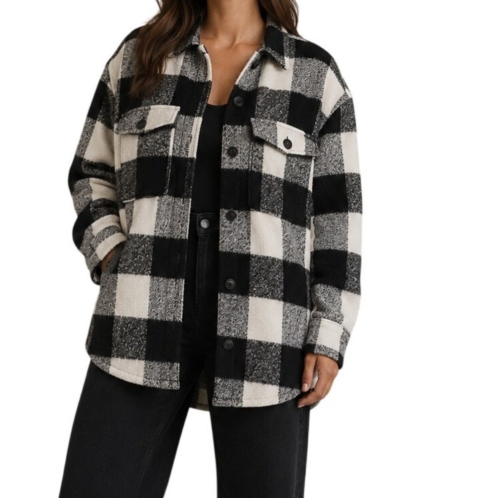 Good American Black Ivory Buffalo Plaid Oversized‎ Shacket Women's 5/6